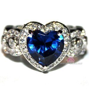 Heart for Jerusalem Deep Sapphire Blue Cz 18K White Gold Plated Cocktail Ring 10
